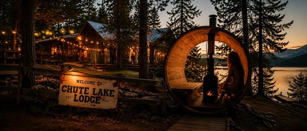Welcome to Chute Lake Lodge at dusk, with the barrel sauna, string lights, and lake