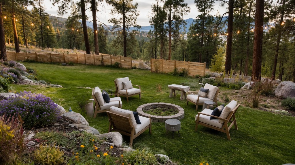 Stone fire pit with wooden chairs and cream cushions, garden, and lake view through the trees
