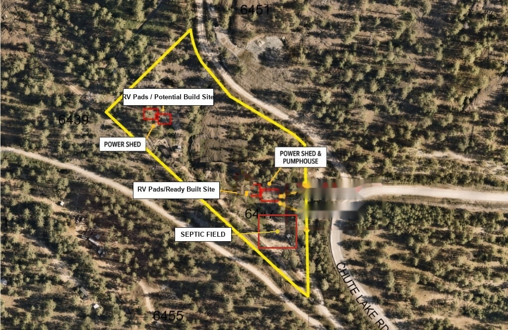 Labeled aerial parcel map of 6447 Chute Lake Road, Naramata, showing the yellow lot outline, RV pads, power sheds, septic field, and site features