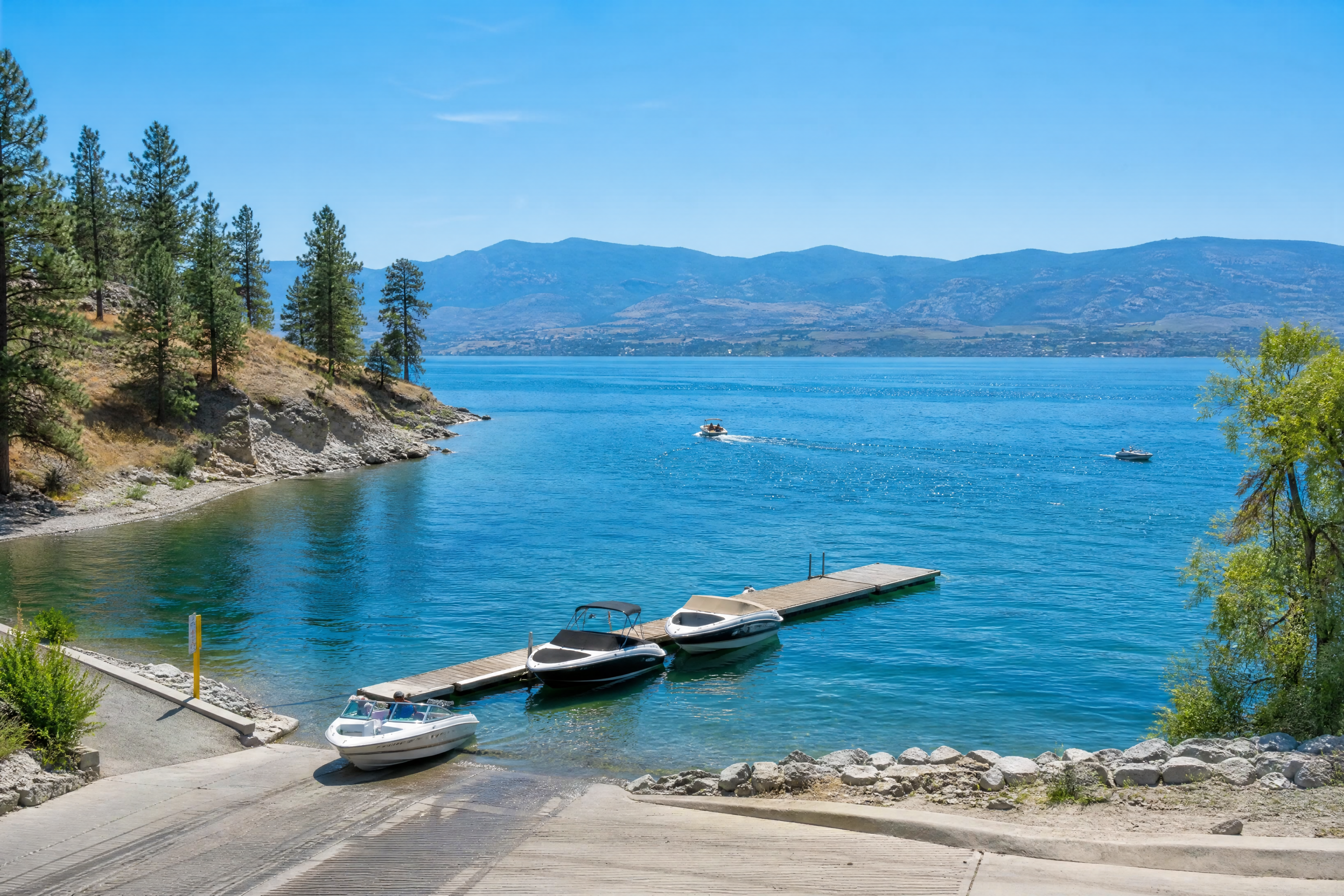 Boat launch and recreational boats on Okanagan Lake near Naramata