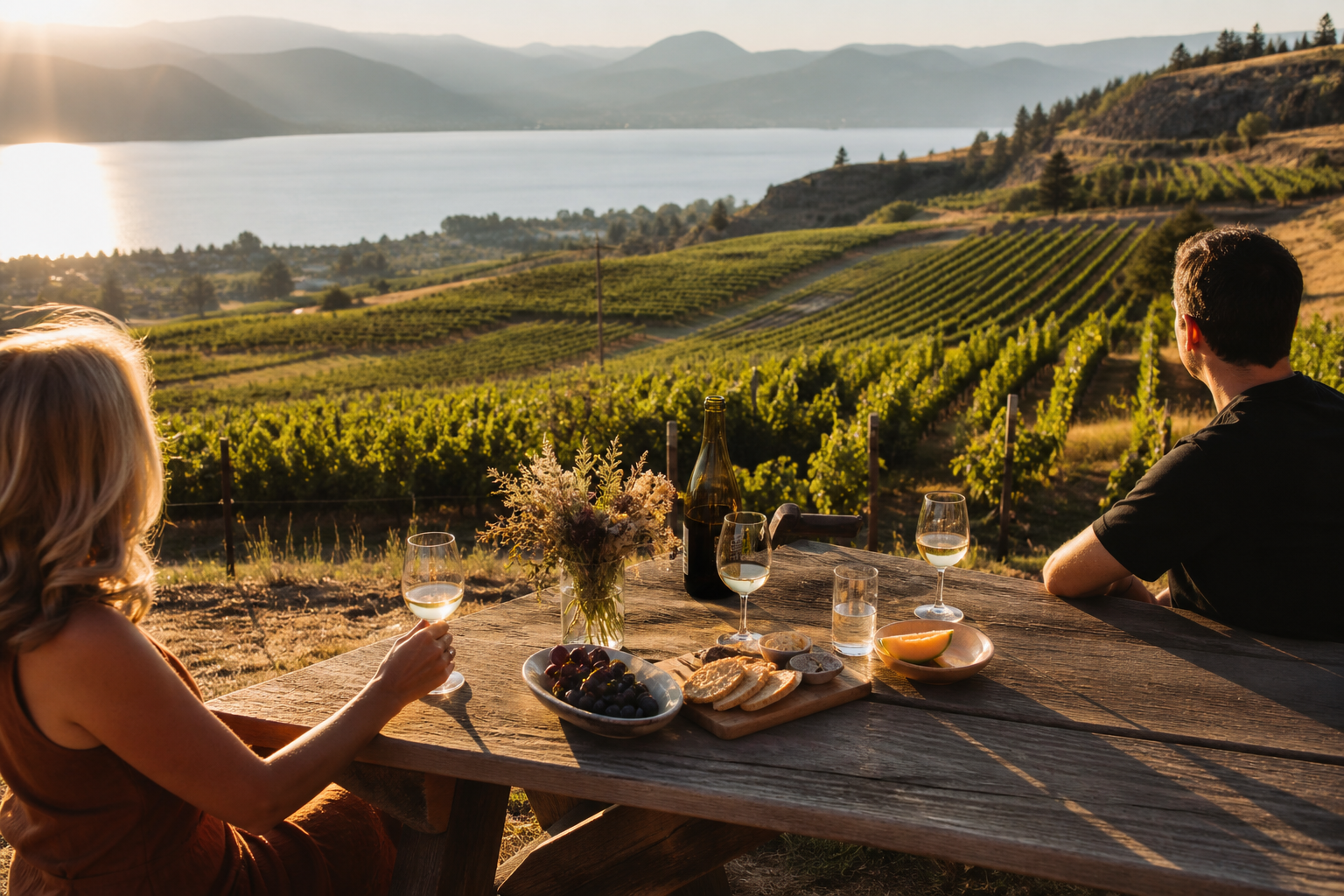 Vineyard picnic with Okanagan Lake in the distance