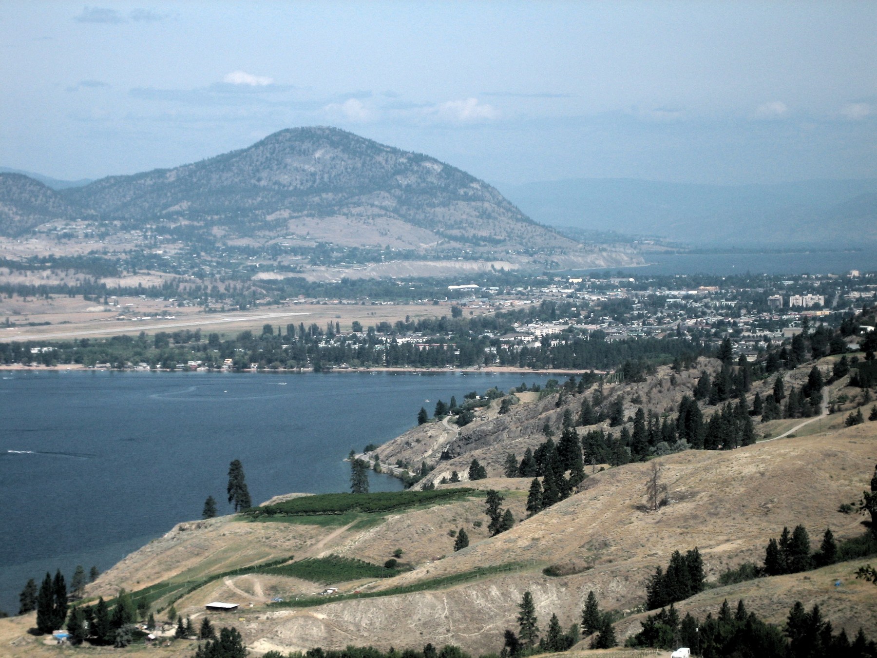 Penticton between Okanagan Lake and Skaha Lake, with Penticton Regional Airport YYF