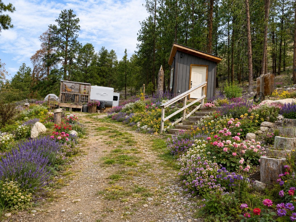 Stunning RV pad with Magic Mountain Lavender, perennial garden, and blue sky